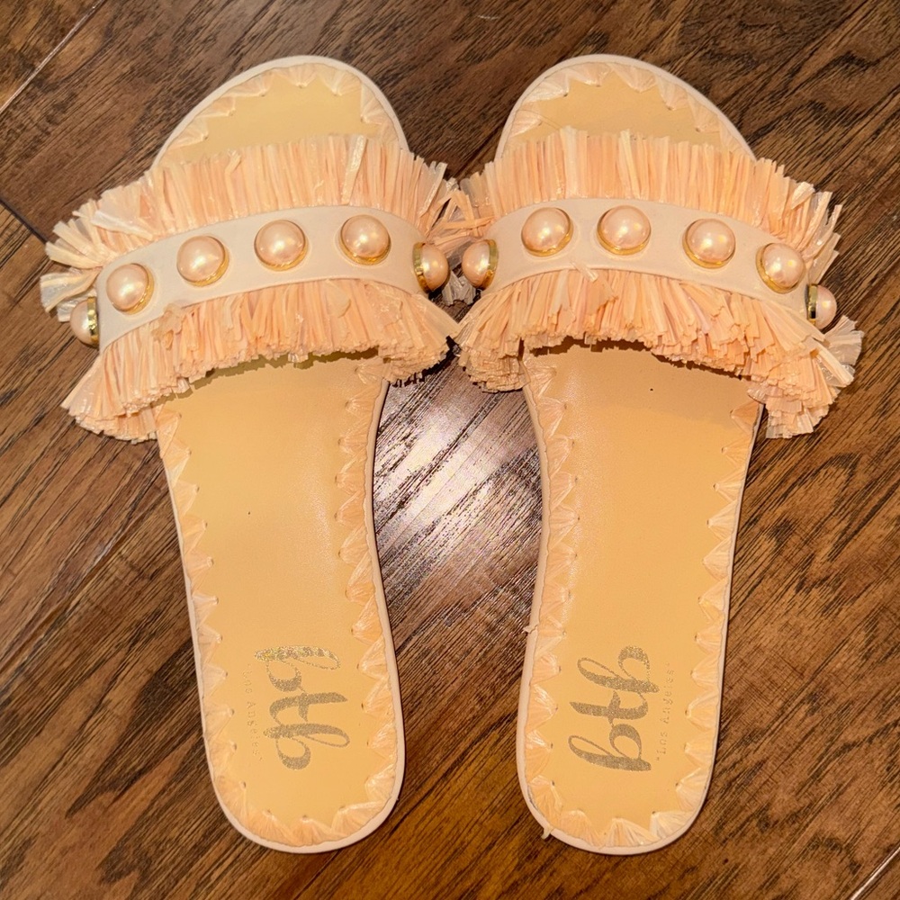 Fringed Pearl-Accent Slide Sandals - Peach